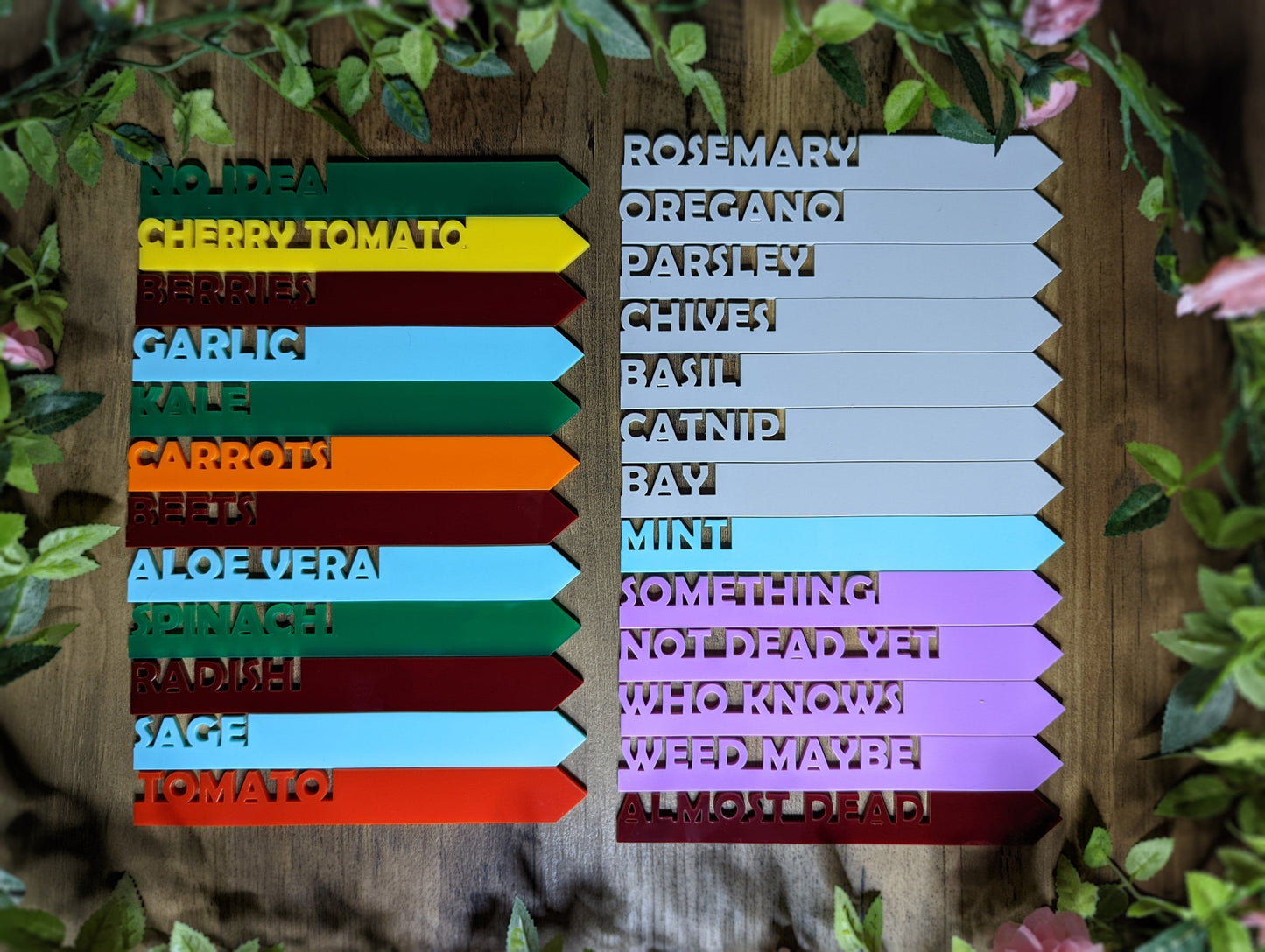 Garden Labels laid out framed with Leaves with the names, No Idea, Garlic, Kale, Carrots, Beets, Aloe Vera, Spinach, Radish, Sage, Rosemary, Oregano, Parsley, Chives, Catnip, Bay, Mint, Something, Not Dead yet, Who knows, Weed Maybe and Almost Dead.