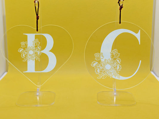Floral Bee Themed Personalised Hanging Glass Heart or Circle