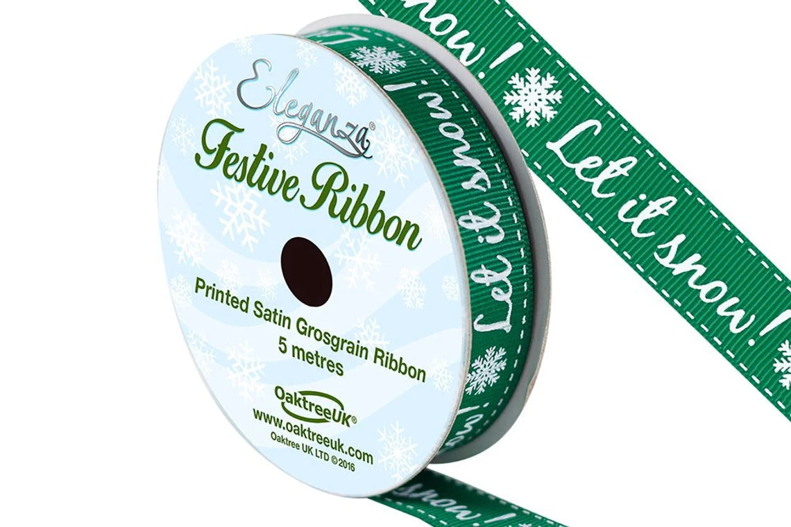 Green Let it Snow Ribbon 5m x 15mm