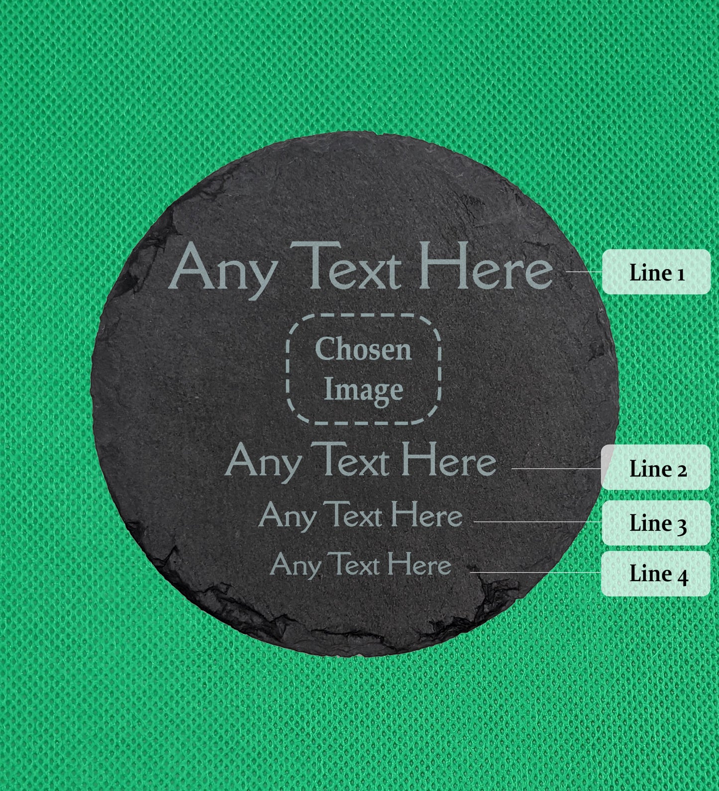Shows a male themed Slate Square coaster 10cm by 10cm. It is engraved with example text saying Any Text Here 4 times next to Line 1, Line 2, Line 3 and Line 4 and between Line 1 and 2 is a space saying Chosen Image. It is against a green background.
