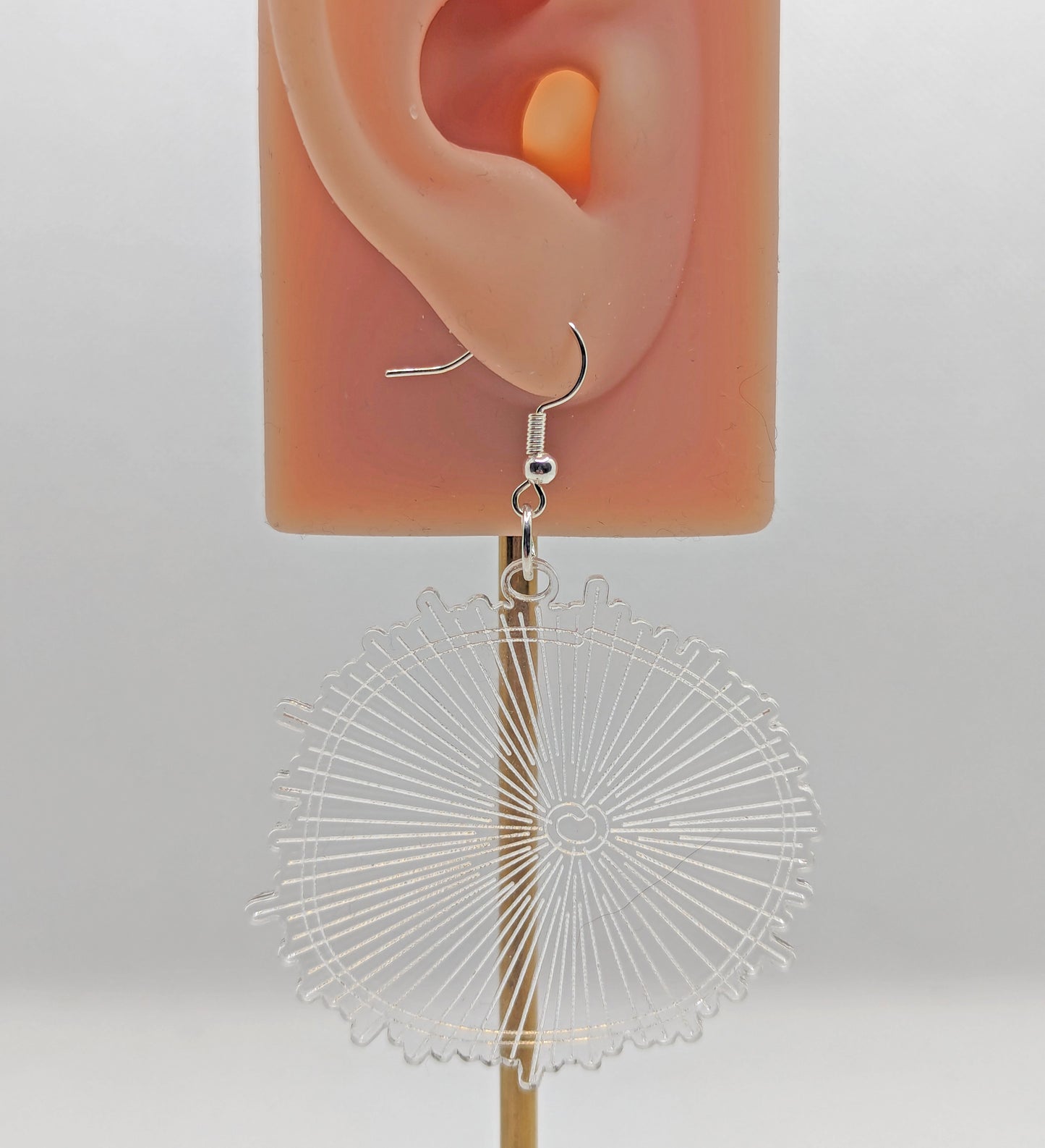 A clear acrylic earring with silver ear wire hook fixings. It is round with a web engraved on them which also looks like a wood slice pattern. They are on an ear to show the size against a white background.