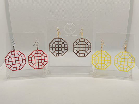 Shows three pairs of earrings that have ear wire fixings. They are Geometric Octagon earrings. The colours are Maroon, Walnut Wood and Neon yellow. They are against a white background on see through stand with the ravenstor creative logo on.
