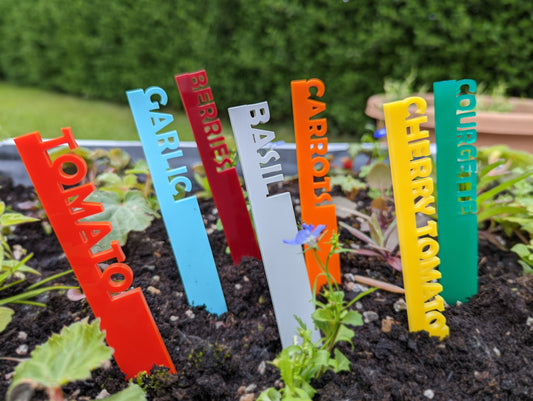 Long vegetable plant labels sticking out of some soil in a garden with the names Tomato in colour Red, Garlic in Spearmint, Berries in Maroon, Basil in Grey, Carrots in  Orange, Cherry Tomato in Yellow and Courgette in Green